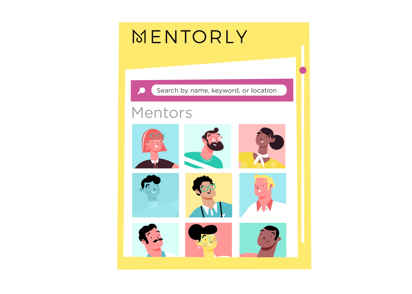 Mentorly mentor matching - diverse illustrated avatars representing mentors in Mentorly's AI-powered mentorship platform
