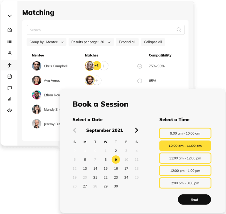 Mentorly mentor matching software screenshot showing AI-powered mentee-mentor pairing options