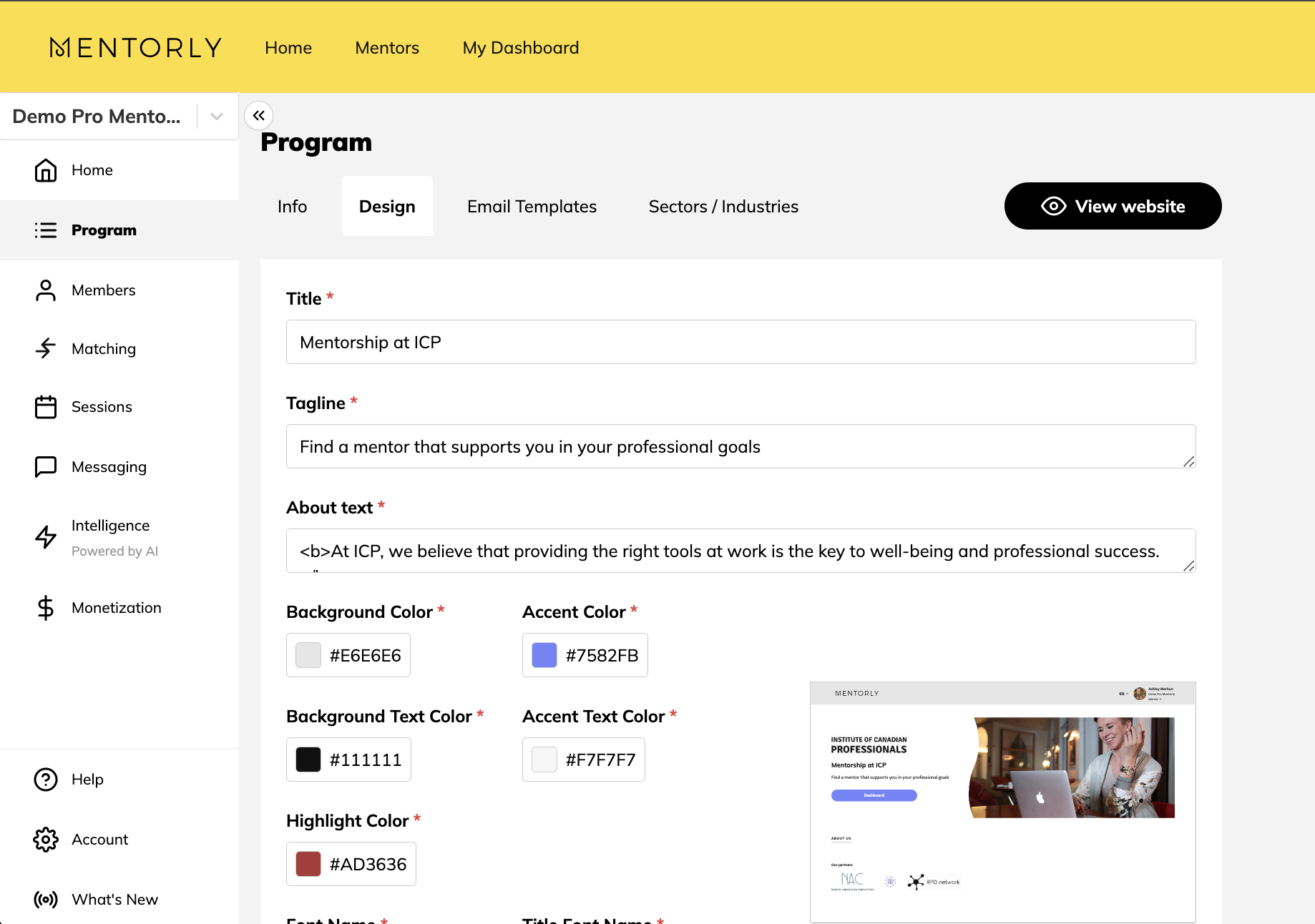 Mentorly mentorship platform - Program settings page showing color and text customization options