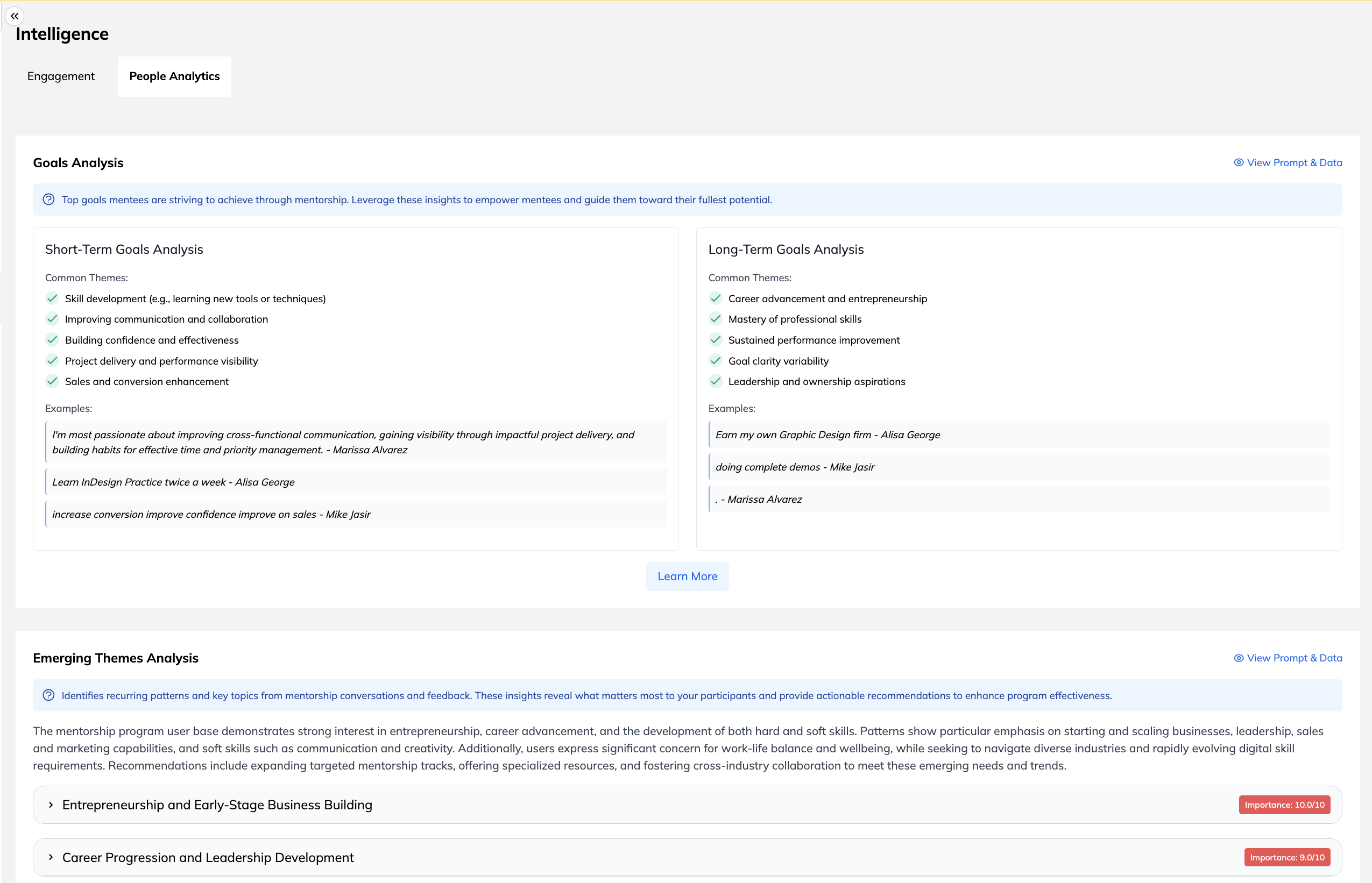Mentorly mentorship analytics - screenshot of goals and emerging themes analysis